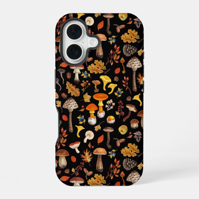 Coque iPhone 16 Champignons sauvages sur le noir (Verso)