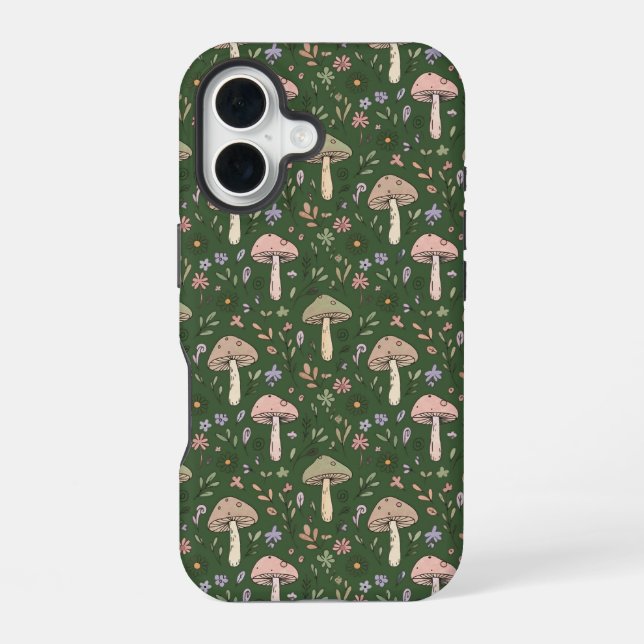 Coque iPhone 16 Champignons Vert Chasseur Sombre Sans Couture Fore (Verso)