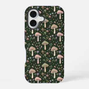Coque iPhone 16 Champignons Vert Olive Terreux Motif Sans Couture
