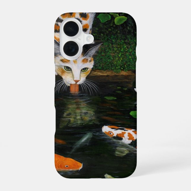 Coque iPhone 16 Chat calico et carpe koï (Verso)