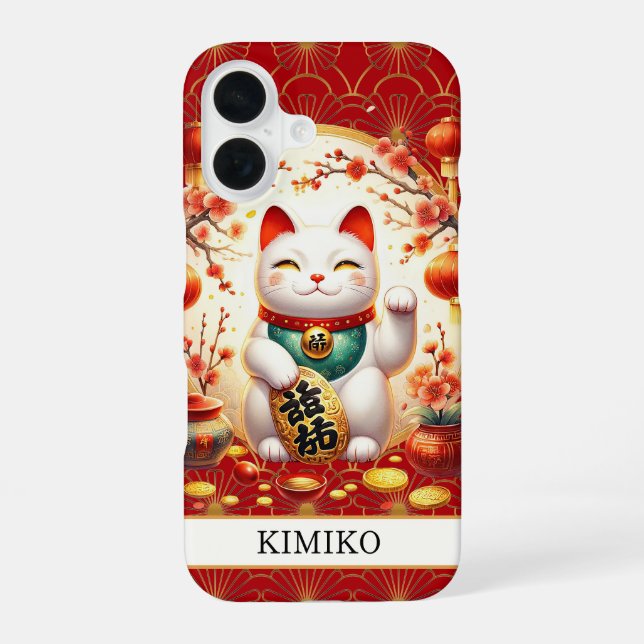 Coque iPhone 16 Chat Chanceux Avec Pièces D'or Sur Monogramme Roug (Verso)