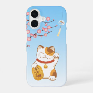 Coque iPhone 16 Chat chanceux japonais, Calico Maneki Neko