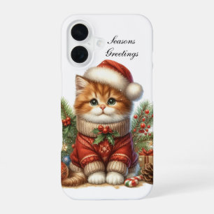 Coque iPhone 16 Chat de Noël festif personnalisable