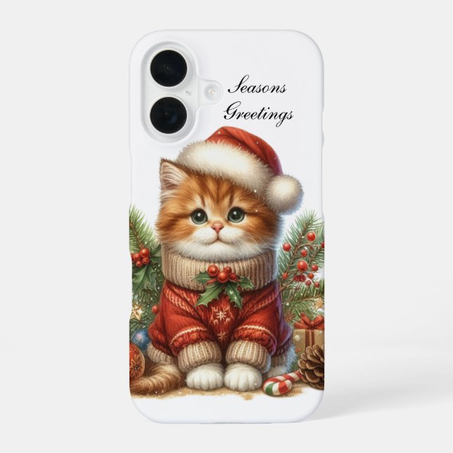 Coque iPhone 16 Chat de Noël festif personnalisable  (Verso)