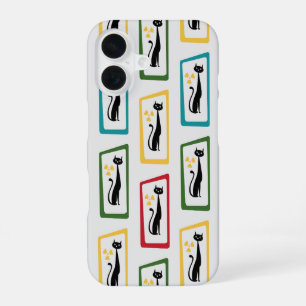 Coque iPhone 16 Chat de Schrödinger Mid Century Modern multicolore