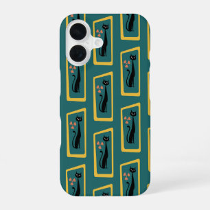 Coque iPhone 16 Chat de Schrödinger Moderne milieu du siècle bleu 