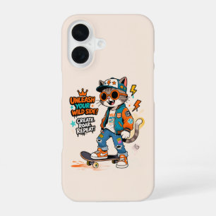 Coque iPhone 16 Chat de skateboard mignon Graffiti Streetwear Dess