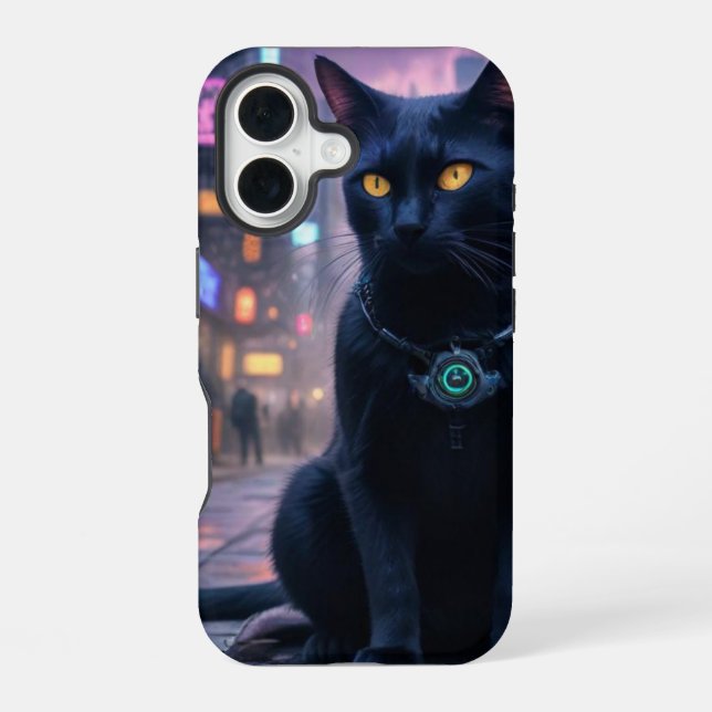 Coque iPhone 16 Chat kitty futuriste rétro (Verso)