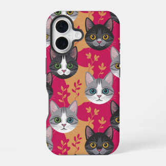 Coque iPhone 16 Chat Magenta & Feuille Botanique
