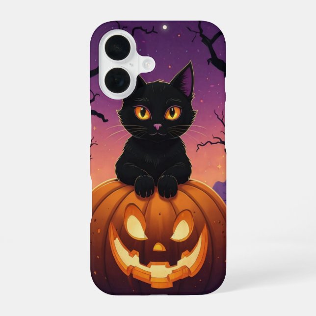 Coque iPhone 16 Chat noir dans une citrouille (Verso)