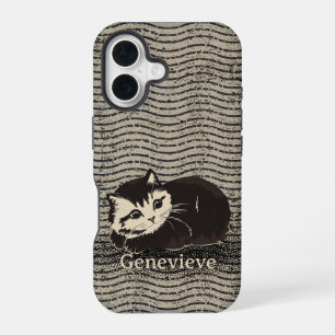 Coque iPhone 16 Chat noir et blanc mignon grunge Nom personnalisé
