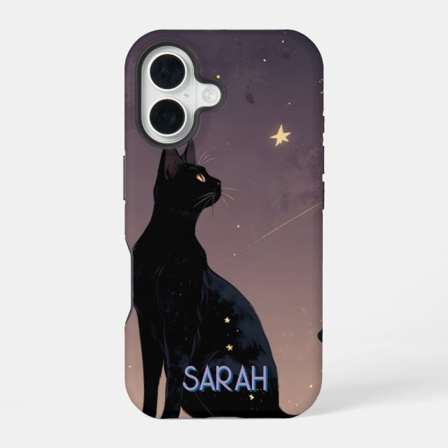 Coque iPhone 16 Chat Noir Nuit Étoilée Cadeau Félin Céleste (Verso)