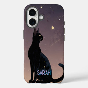 Coque iPhone 16 Chat Noir Nuit Étoilée Cadeau Félin Céleste