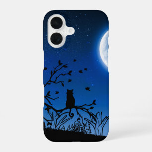 Coque iPhone 16 Chat noir sous la lumière de la lune sur la silhou