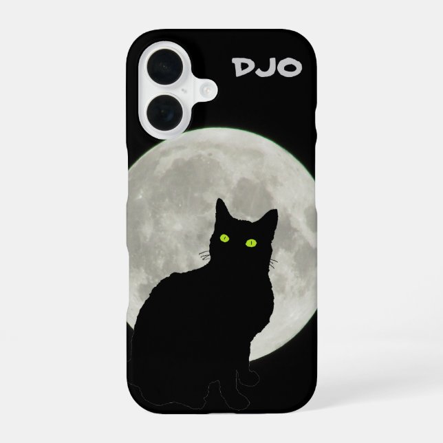 Coque iPhone 16 Chat noir sous la pleine lune regardant vers le ha (Verso)