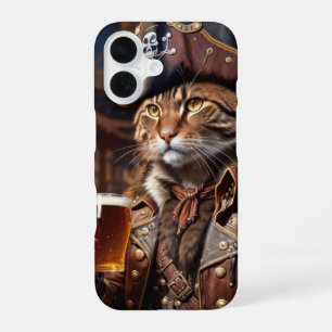 Coque iPhone 16 Chat pirate avec bière