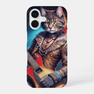 Coque iPhone 16 Chat rocheux jouant de la guitare électrique sur s