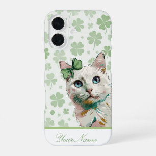 Coque iPhone 16 Chat Shamrock Personnalisé avec des Yeux Bleus