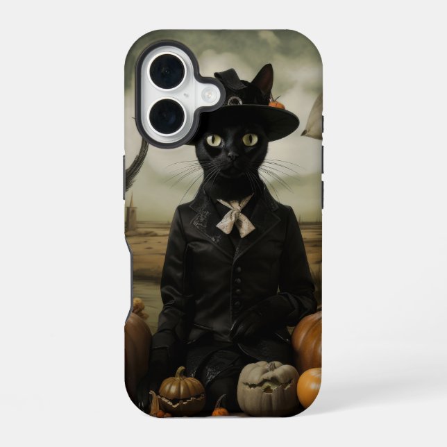 Coque iPhone 16 Chat sorcière avec citrouilles  (Verso)