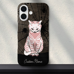 Coque iPhone 16 Chat toile d'araignée jolie gothique rose noir 