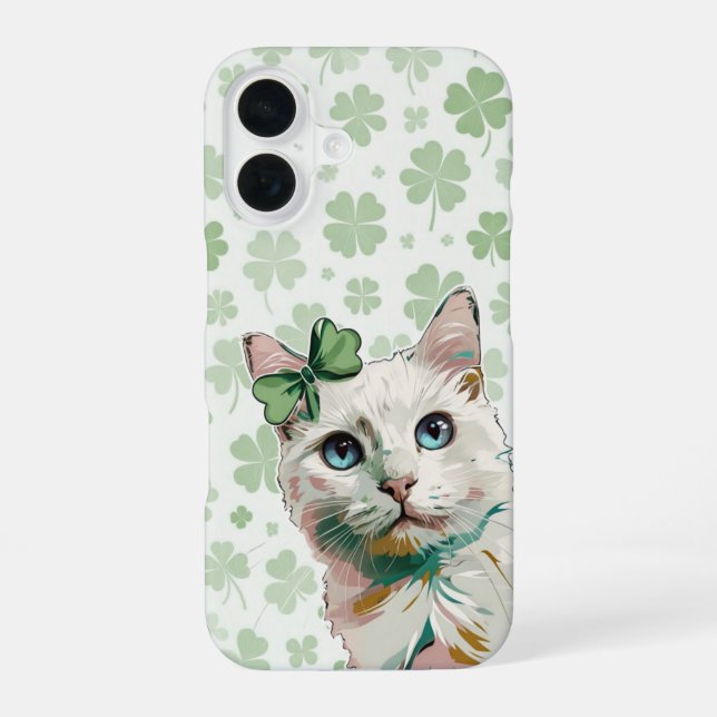 Coque iPhone 16 Chat Trèfle à yeux bleus (Verso)