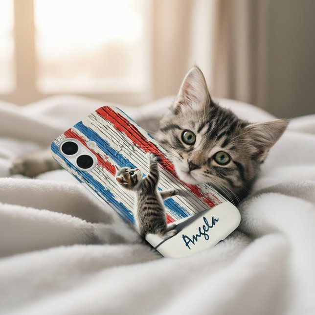 Coque iPhone 16 Chaton rayé, mur rayé (Créateur téléchargé)
