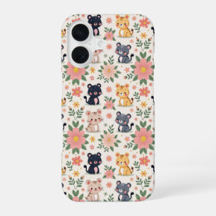 Coque iPhone 16 Chats de jungle de dessin animé mignons et fleurs