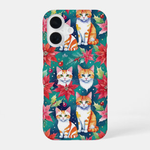 Coque iPhone 16 Chats Tabby De Noël Avec Poinsettias