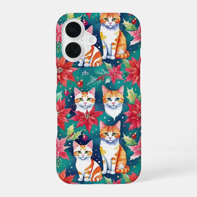 Coque iPhone 16 Chats Tabby De Noël Avec Poinsettias (Verso)