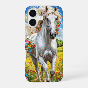 Coque iPhone 16 Cheval blanc esthétique dans une prairie fleurie
