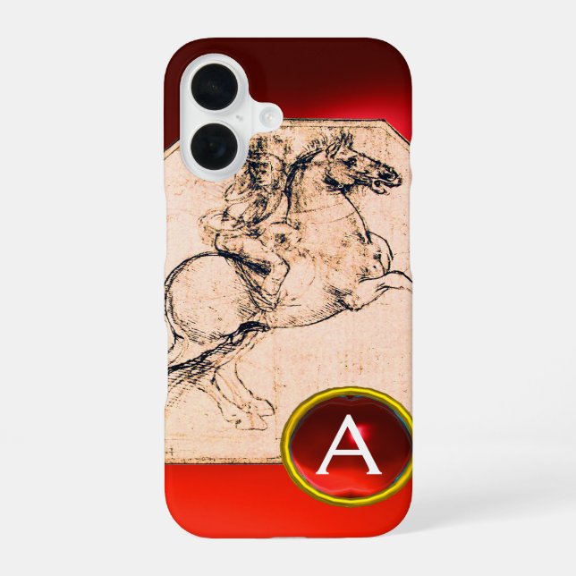 Coque iPhone 16 Chevalier sur un cheval cabré monogramme rubis rou (Verso)