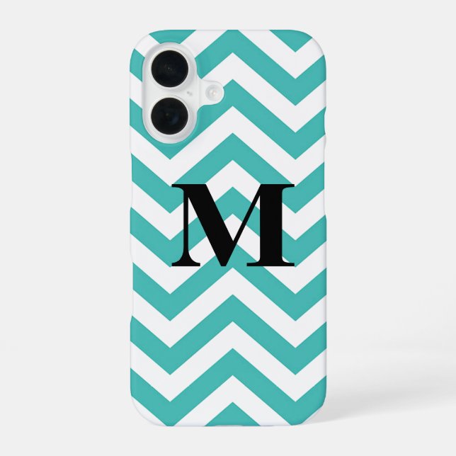 Coque iPhone 16 Chevron bleu avec monogramme (Verso)