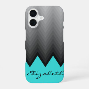 Coque iPhone 16 chevron gris ombre motif turquoise Nom personnalis