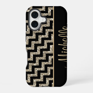 Coque iPhone 16 Chevron noir diagonal or personnalisé