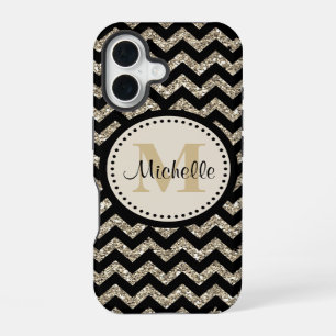 Coque iPhone 16 Chevron Noir Monogramme Argent Or