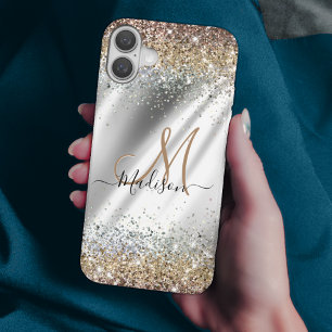 Coque iPhone 16 Chic argent or fausse parties scintillant monogram
