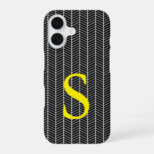 Coque iPhone 16 Chic Black Herringbone Chevron Zig Zag Monogramme