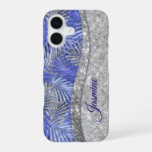 Coque iPhone 16 chic bleu violet argent parties scintillant feuill