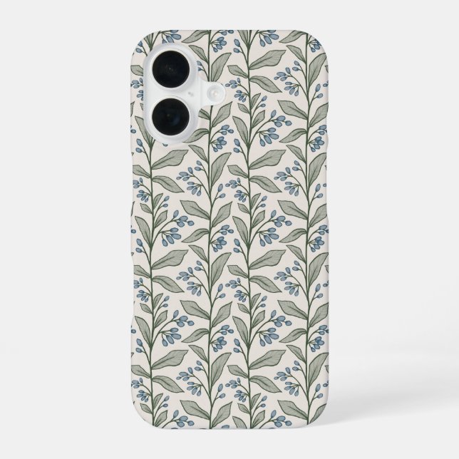 Coque iPhone 16 Chic Botanique Fleurs Bleues Feuilles Vertes Art (Verso)