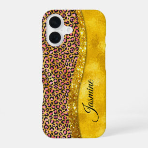 Coque iPhone 16 Chic faux or brillant rose imprimé animal Monogram