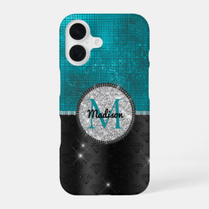 Coque iPhone 16 Chic faux Parties scintillant argent Turquoise noi