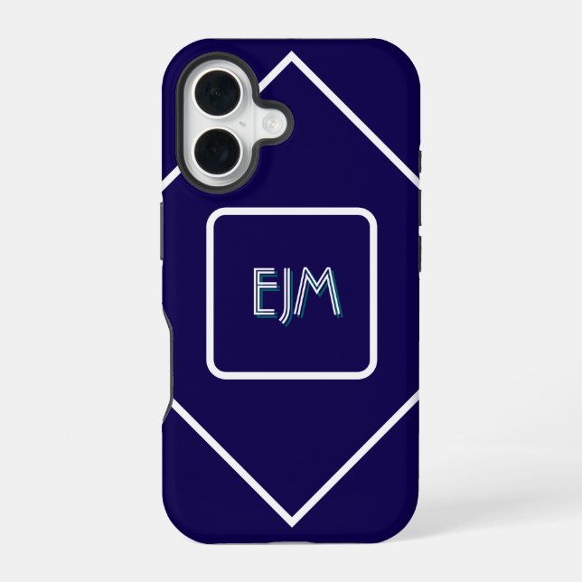 Coque iPhone 16 Chic Géométrique Bleu et Blanc Monogrammé (Verso)