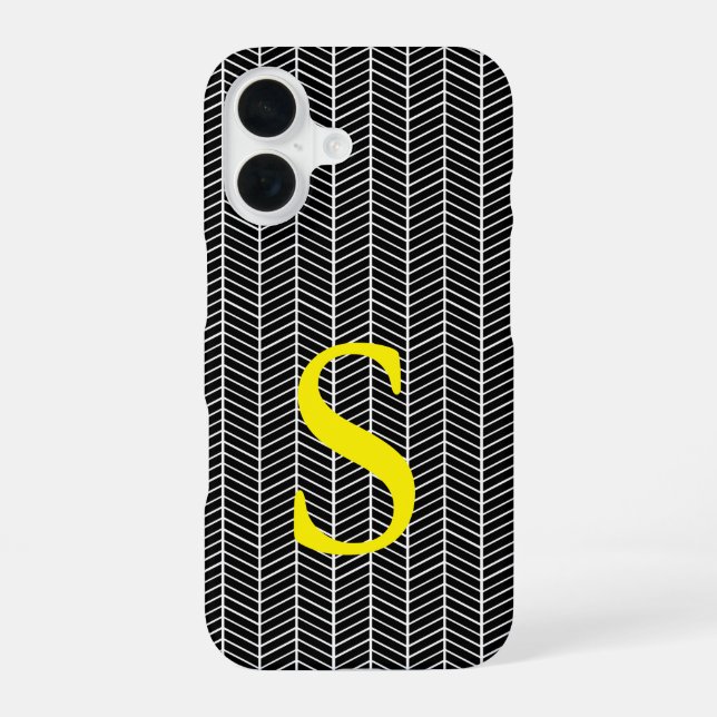 Coque iPhone 16 Chic Hareng Noir Chevrons Zig Zag Monogramme (Verso)