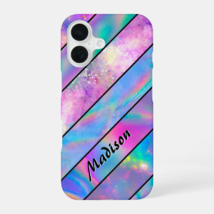 Coque iPhone 16 Chic holographique rayé bleu rose élégant