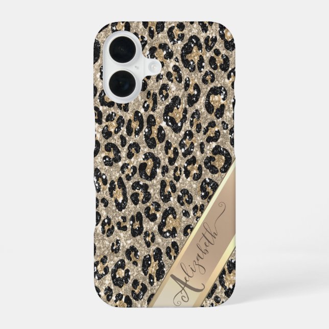 Coque iPhone 16 Chic motif léopard pailleté Monogramme      (Verso)