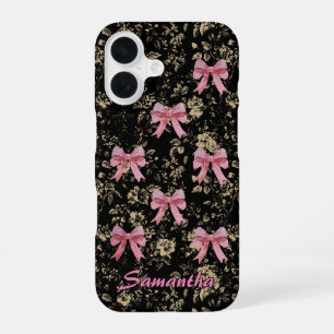 Coque iPhone 16 Chic Noir Blanc Rose Toile Coquette Nœud Monogramm