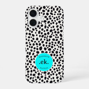 Coque iPhone 16 Chien dalmate Motif Abstrait Aqua Blue Monogramme