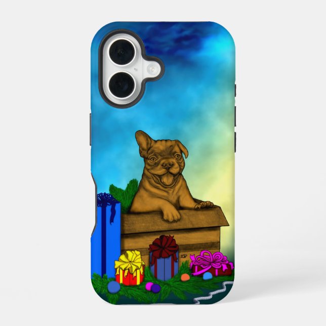 Coque iPhone 16 Chien dans une boîte, Joyeux Noël (Verso)