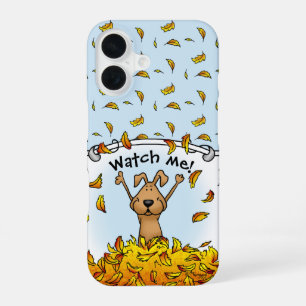 Coque iPhone 16 Chien Jouant dans un Tas de Feuilles d'Automne - A
