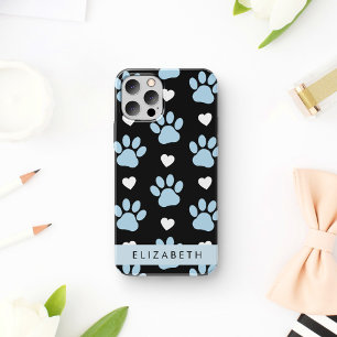 Coque iPhone 16 Chien Paws, Blue Paws, White Hearts, Votre Nom